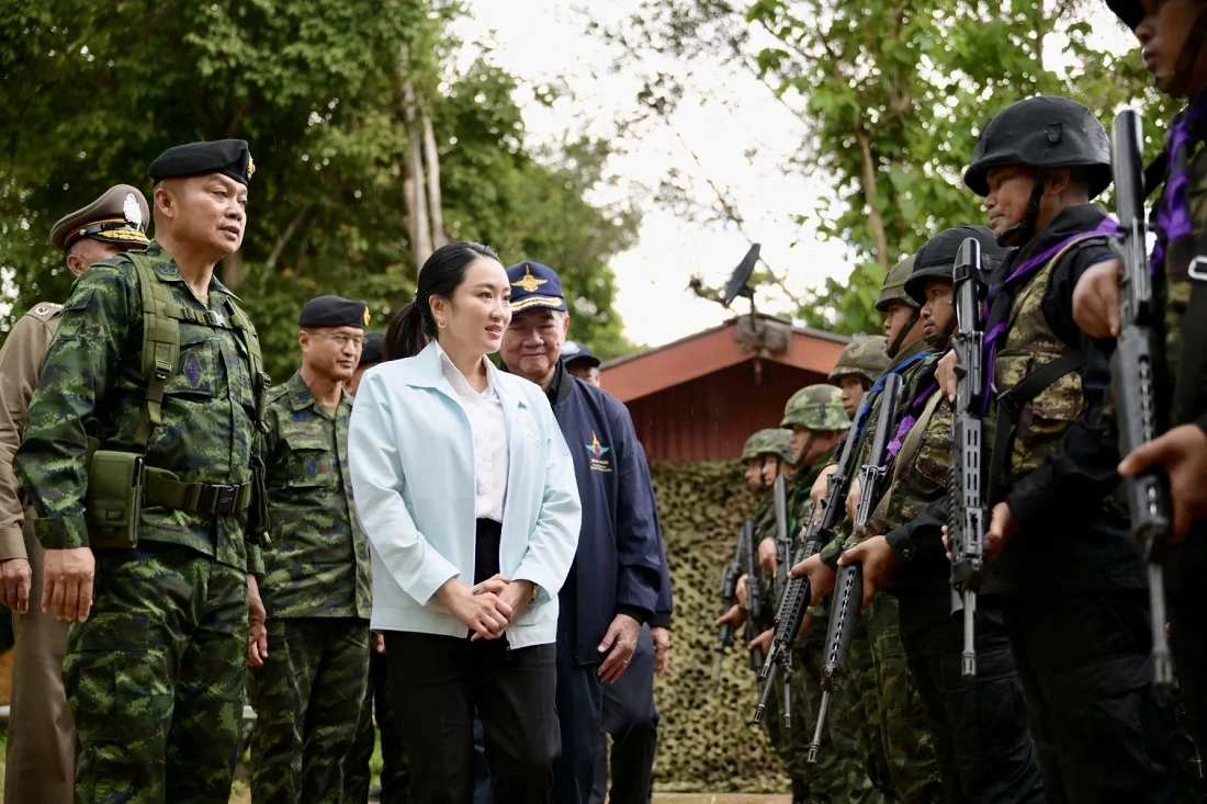 Thailand's Prime Minister Paetongtarn Shinawatra speaks to troops during a visit to Morakot Operations Base in Ubon Ratchathani province, Thailand. (Handout by Royal Thai Government)