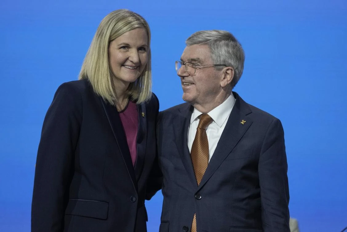 IOC President Thomas Bach greets Kirsty Coventry after she was announced as the new IOC President at the International Olympic Committee 144th session in Costa Navarino, western Greece, Mar. 20, 2025. (AP/File)