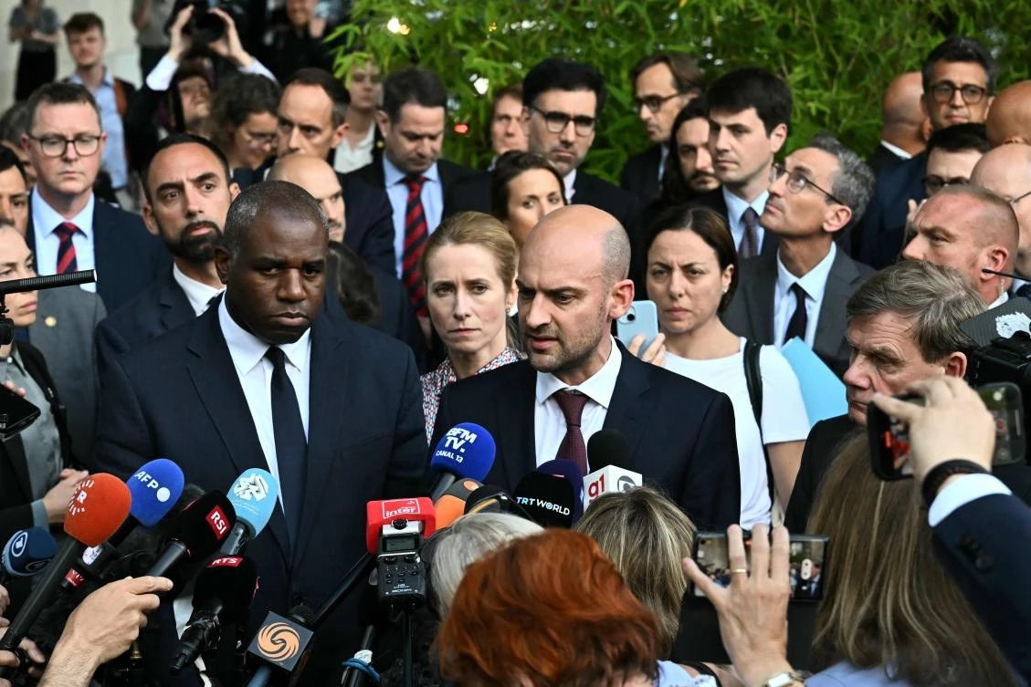 Top European diplomats after meeting with Iran’s Foreign Minister Abbas Araghchi in Geneva on Jun. 20 to discuss Iran’s nuclear program. (AFP)