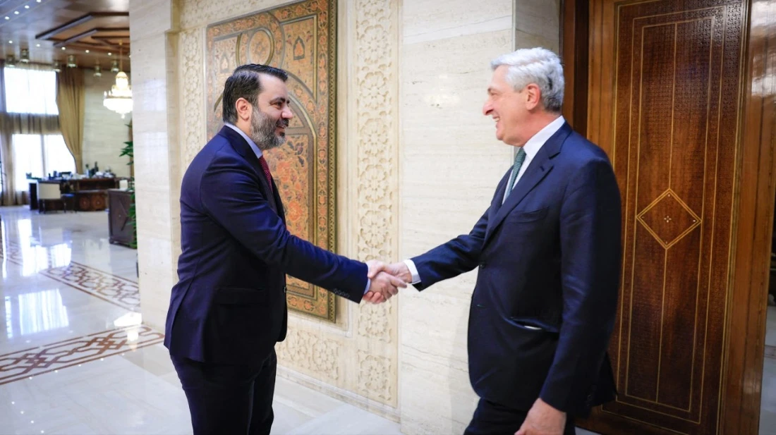 Syrian Foreign Minister Assaad Al Shaibani welcomes UN High Commissioner for Refugees Filippo Grandi in Damascus, Syria. (SANA Handout)