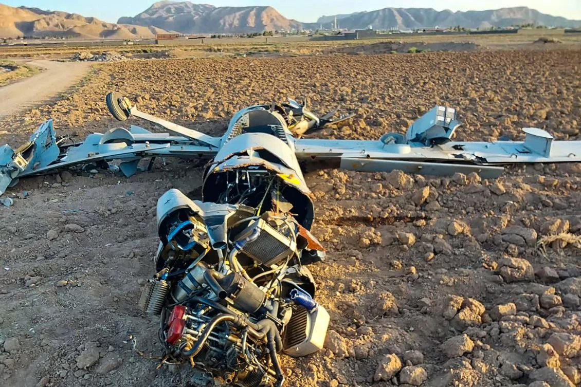 This handout picture provided by the Iranian Army media office on Jun. 18, 2025, shows the wreckage of what the army said is an armed Israeli Air Force Hermes drone, downed after being hit by a surface-to-air missile, in the central city of Isfahan. (AFP)