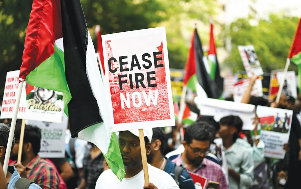 Protesters condemn Israel during a rally in Chennai on Saturday. Israeli attacks on Iran started on June 13 when Tel Aviv hit more than a dozen sites in the country. (AFP)