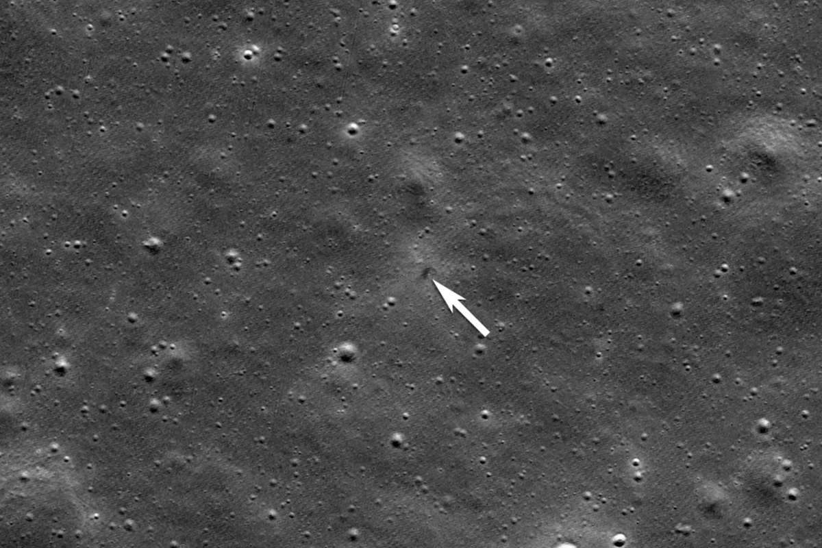 This image provided by NASA shows an annotation indicating the impact site for ispace's Resilience lunar lander, seen by the Lunar Reconnaissance Orbiter Camera on June 11, 2025. (AP)
