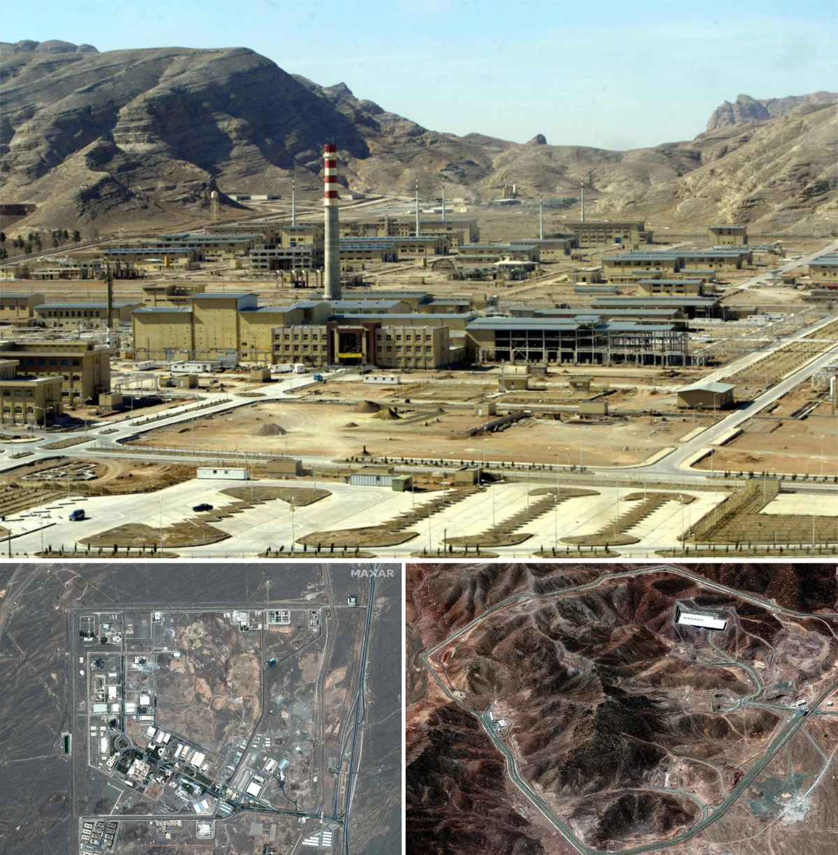 Combination image showing (clockwise, from top) a general view of Isfahan nuclear power plant near Tehran, the Natanz nuclear facilities (Shahid Ahmadi Roshan Nuclear Facilities) near Ahmadabad, and Fordow Fuel Enrichment Plant in central Iran on June 14, 2025. (AFP photos)