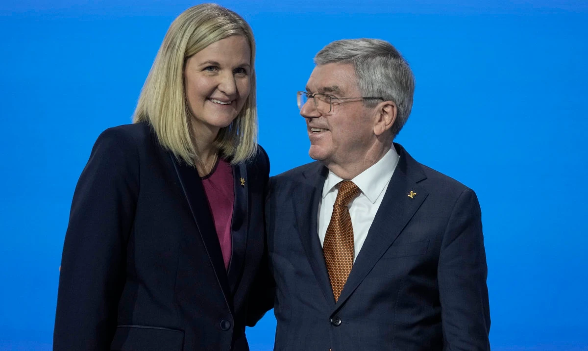 IOC President Thomas Bach, right, greets Kirsty Coventry after she was announced as the new IOC president at the International Olympic Committee 144th session in Costa Navarino, western Greece on March 20, 2025. (File/AP)
