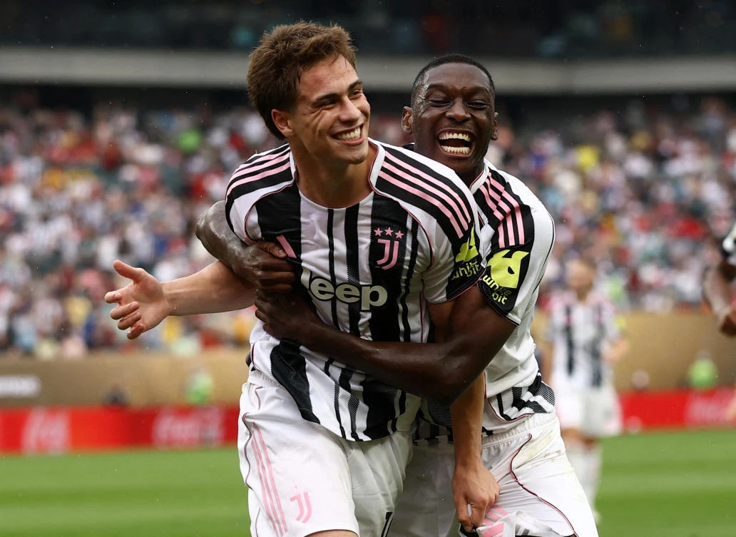 Juventus’ Kenan Yildiz celebrates scoring their third goal with Randal Kolo Muani. (Reuters)