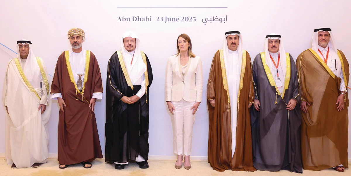 Jasem Al-Budaiwi poses for a group photo with GCC leaders and the President of the European Parliament. (Supplied)
