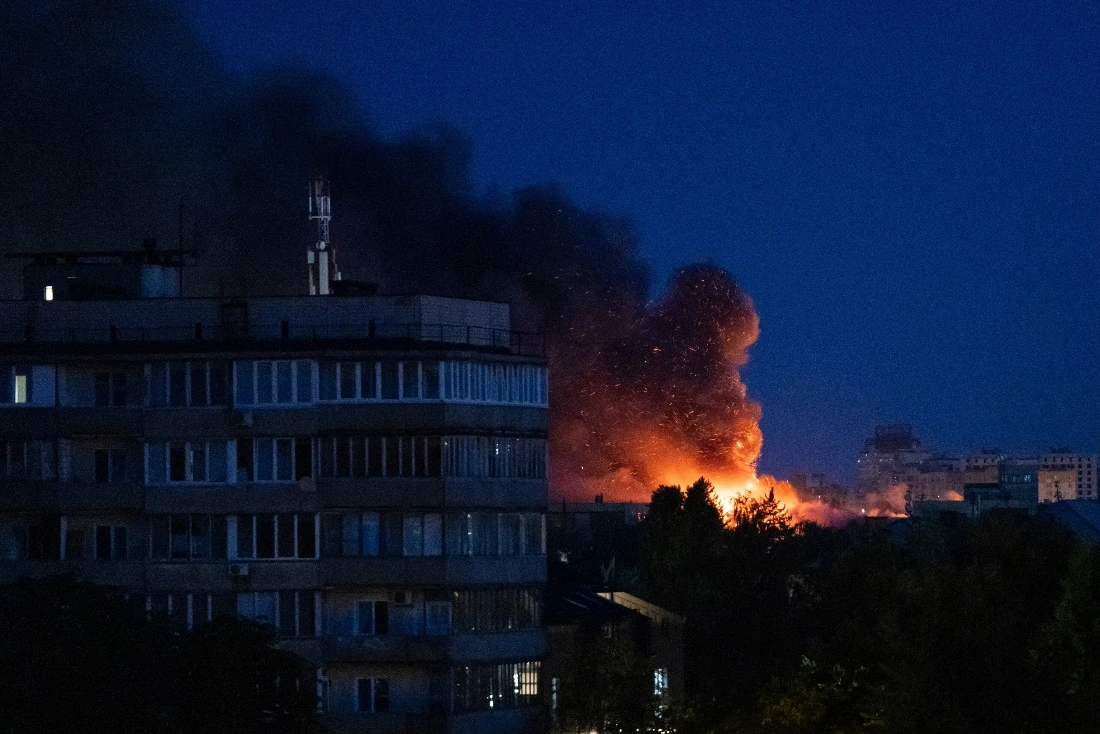A fire is seen after a Russian strike on Kyiv, Ukraine. (AP)