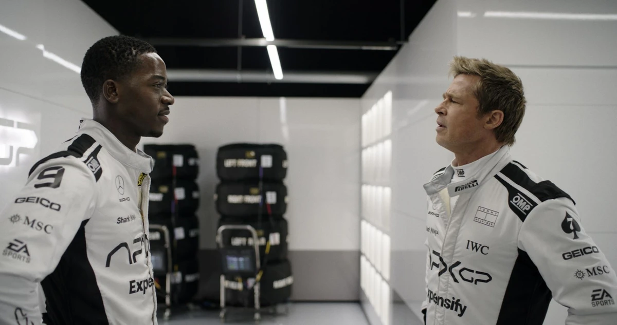 Damson Idris as Joshua Pearce and Brad Pitt as Sonny Hayes in 'F1: The Movie.' (Supplied)