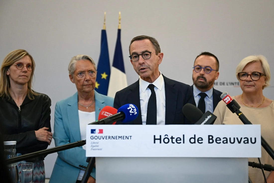 France's Minister of the Interior Bruno Retailleau speaks at an interministerial meeting on the heatwave across France and Europe. (AFP)