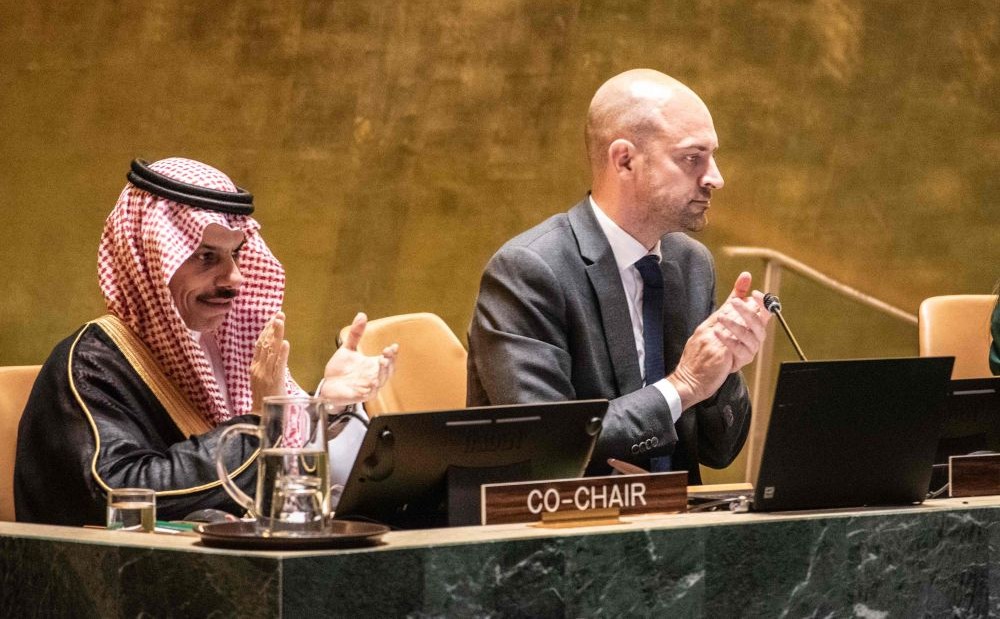Prince Faisal bin Farhan and Jean-Noel Barrot chair a UN conference on the two-state solution, New York, July 29, 2025. (AFP)
