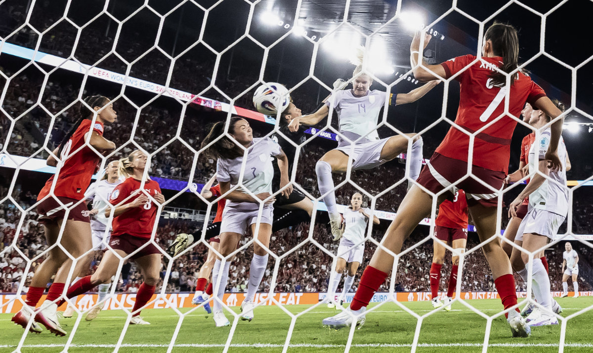 Norway’s forward Ada Hegerberg heads the ball in for a goal during the Euro 2025 Group A match between Switzerland and Norway at the St. Jakob-Park stadium in Basel, Switzerland, Wednesday. (AP)