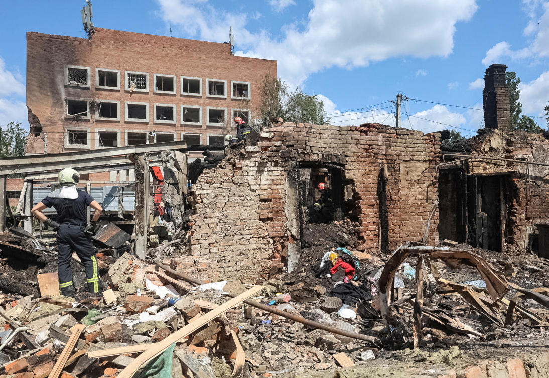 Firefighters work at the site of buildings hit by Russian drone strike, amid Russia’s attack on Ukraine, in Poltava, July 3, 2025. (Reuters)