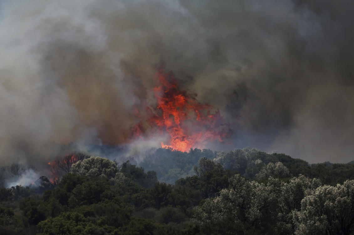 A fire rages across a forest area in Cesme, near Izmir, Turkiye, July 3, 2025. (AP)