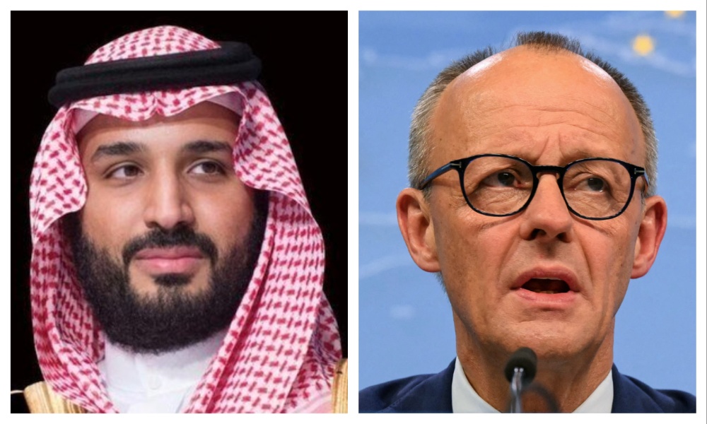 Saudi Crown Prince Mohammed bin Salman and German Chancellor Friedrich Merz. (File/AFP)