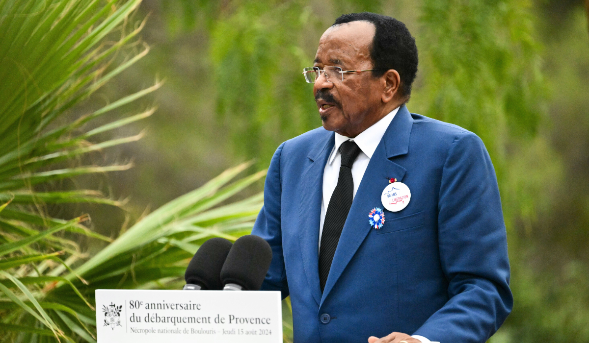 Cameroon President Paul Biya delivers a speech during a ceremony at the Boulouris National Cemetery in Boulouris-sur-Mer, south eastern France, Aug. 15, 2024. (AP))