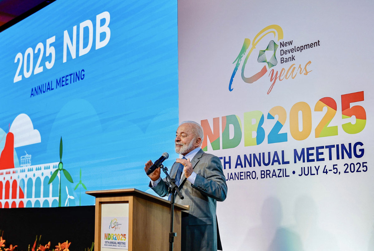 Brazil's President Luiz Inacio Lula da Silva delivers a speech during the 10th Annual Meeting of the New Development Bank (NDB), within the BRICS summit in Rio de Janeiro on July 4, 2025. (Brazilian Presidency handout/ via AFP)