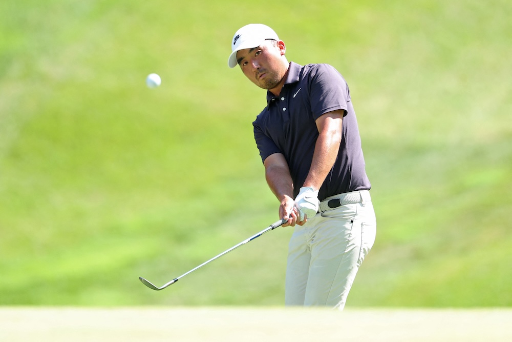 Doug Ghim of the US chips in for birdie on the fifth hole during the second round of the John Deere Classic 2025 at TPC Deere Run on Friday in Silvis, Illinois. (Getty Images via AFP)