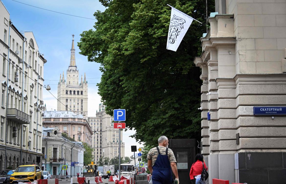 Above, the flag of Afghanistan flies on the Afghan embassy in Moscow on July 4, 2025. (AFP)