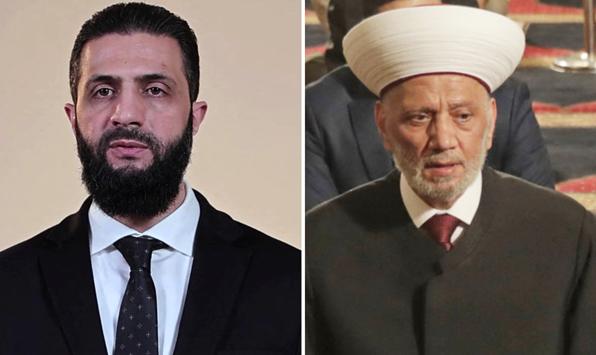Syrian President Ahmad Al-Sharaa and Lebanon’s Grand Mufti Sheikh Abdel Latif Derian. (AFP/File)