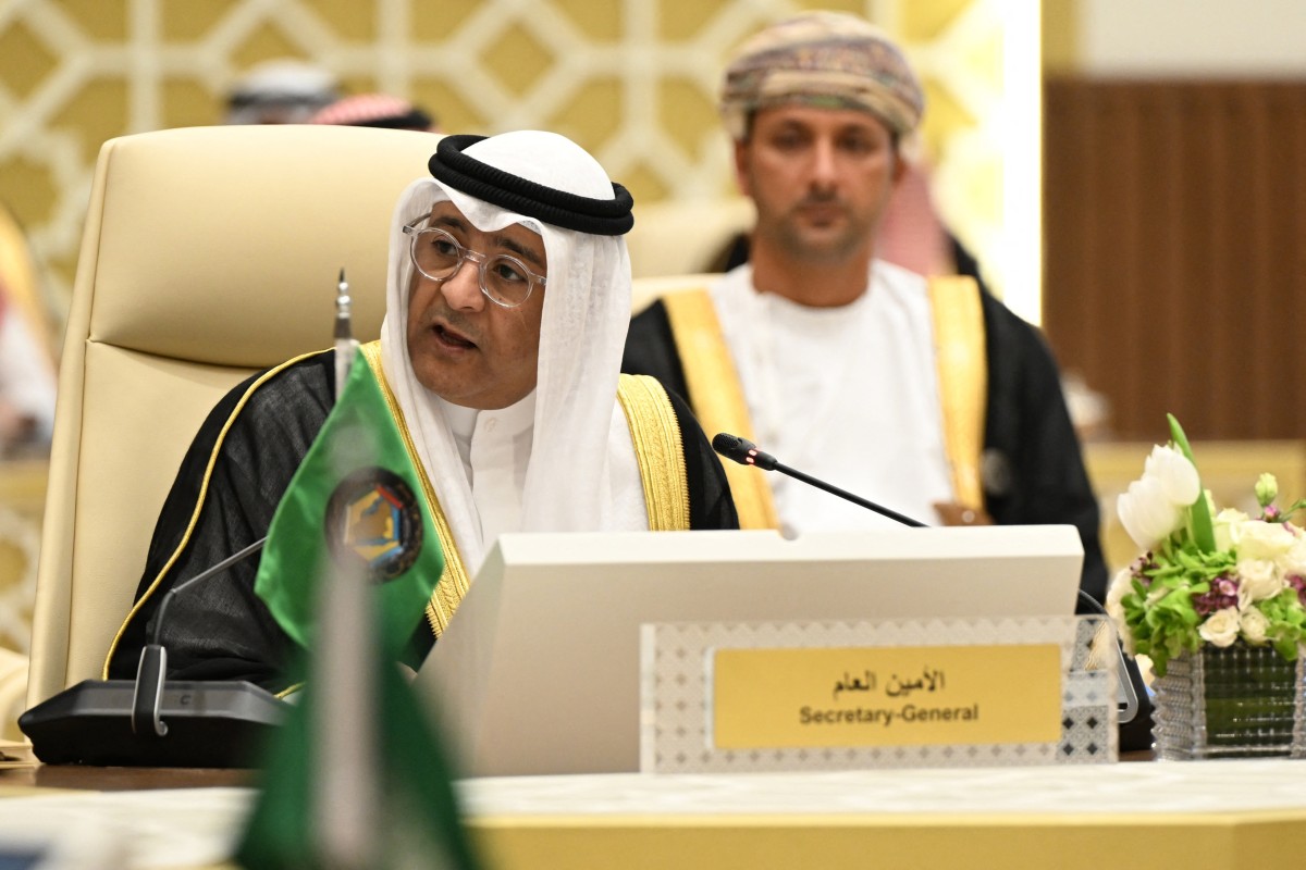Gulf Cooperation Council Secretary General Jasem Mohamed Albudaiwi speaks during the 163rd GCC Ministerial Council meeting in Mecca on March 6, 2025. (AFP)