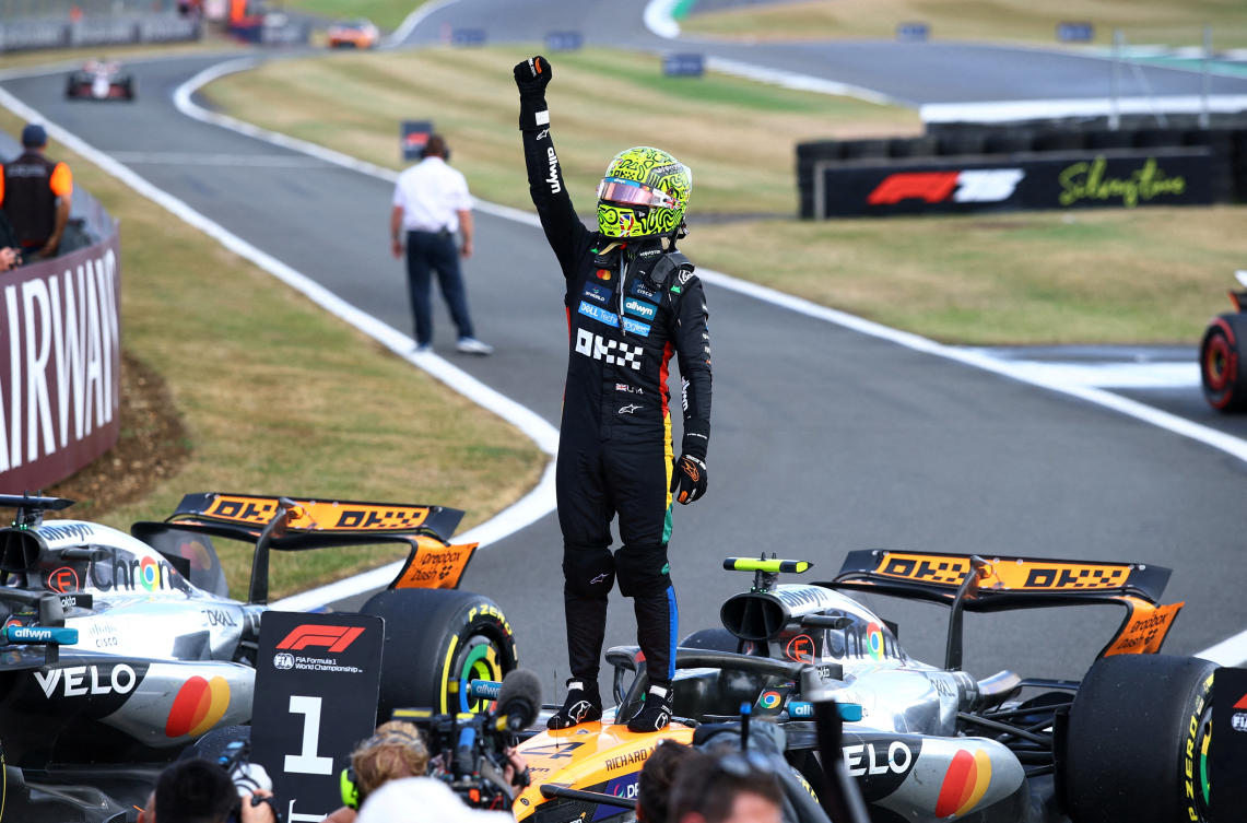 McLaren’s Lando Norris celebrates winning the British Grand Prix. (Reuters)