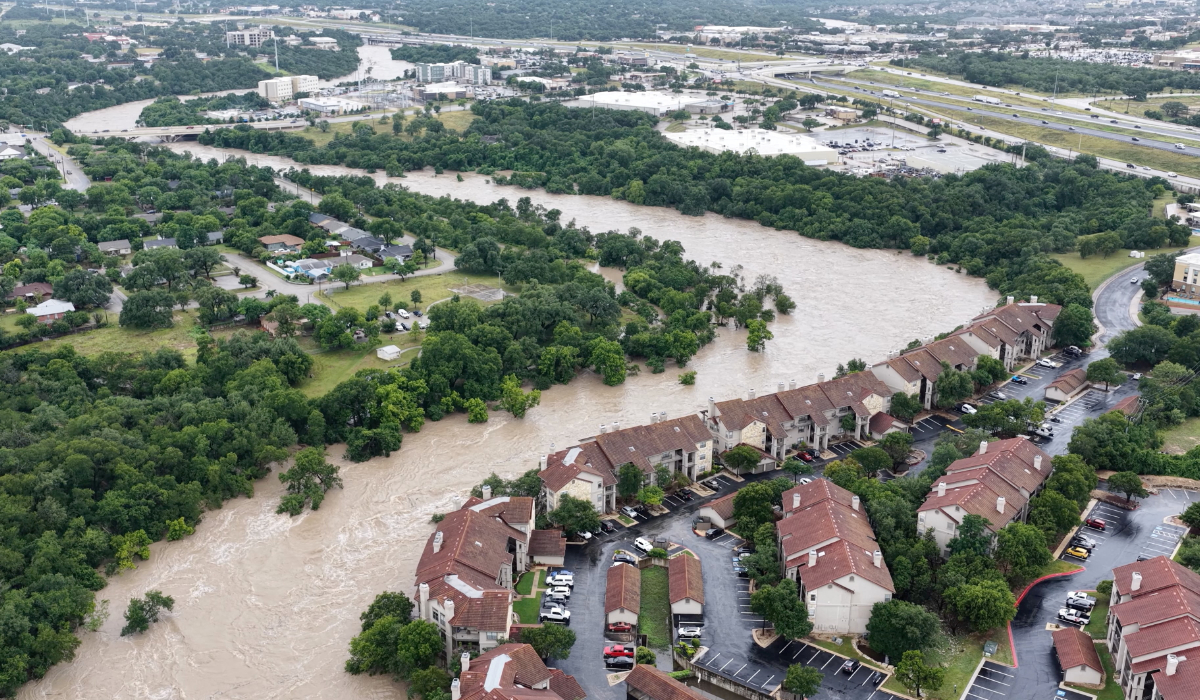 A drone view shows the swollen San Gabriel River, in Georgetown, Texas, US, on Saturday. (Reuters)