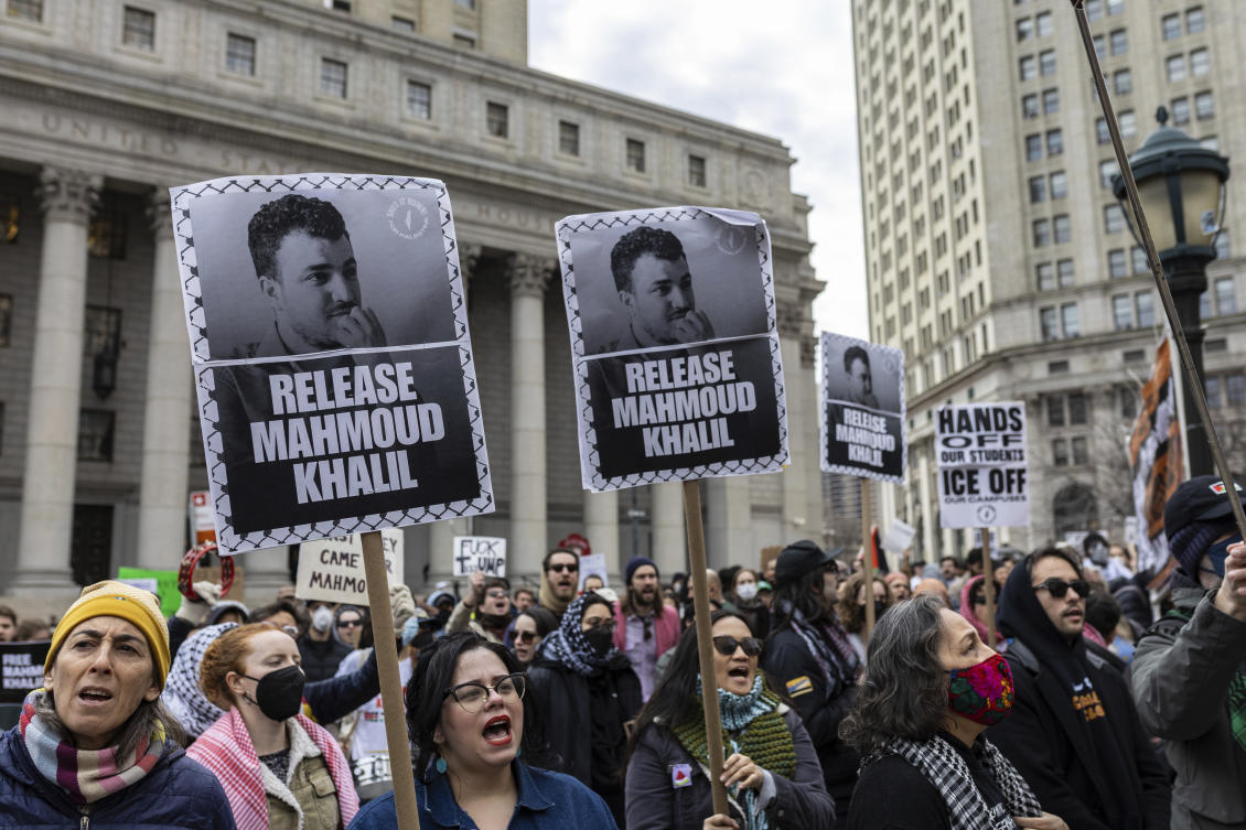 Above, a crowd gathers in Foley Square, outside the Manhattan federal court, in support of Palestinian activist and Columbia University graduate Mahmoud Khalil on March 12, 2025. (AP)