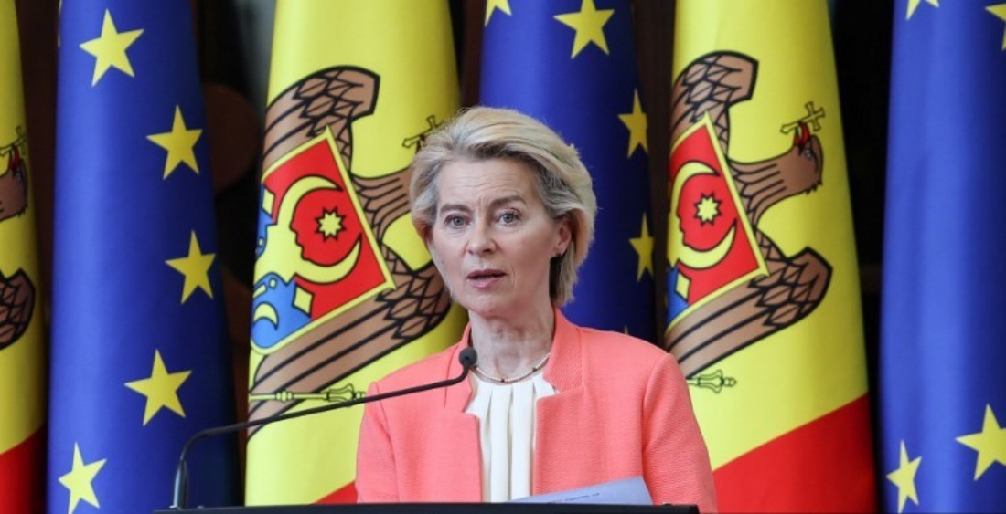 EU chief Ursula von der Leyen attends a press conference at the and of EU-Moldova Summit in Chisinau. (AFP)