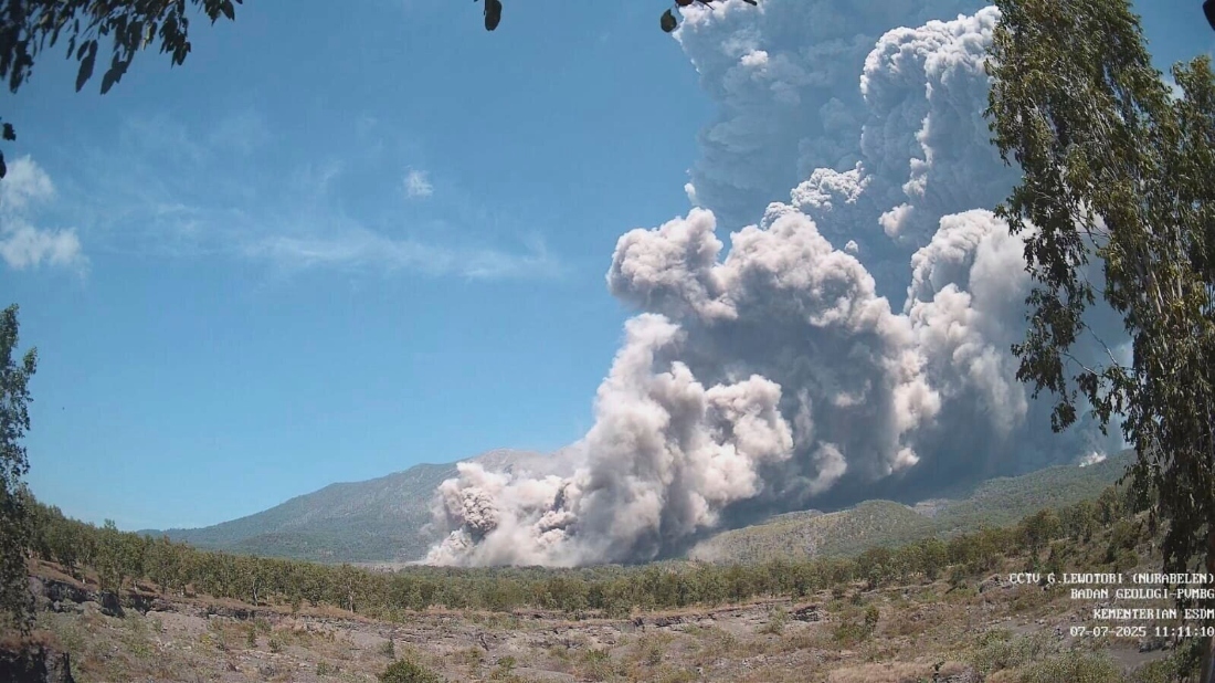 Mount Lewotobi Laki Laki spews volcanic materials during an eruption in East Flores, Indonesia. (Handout)