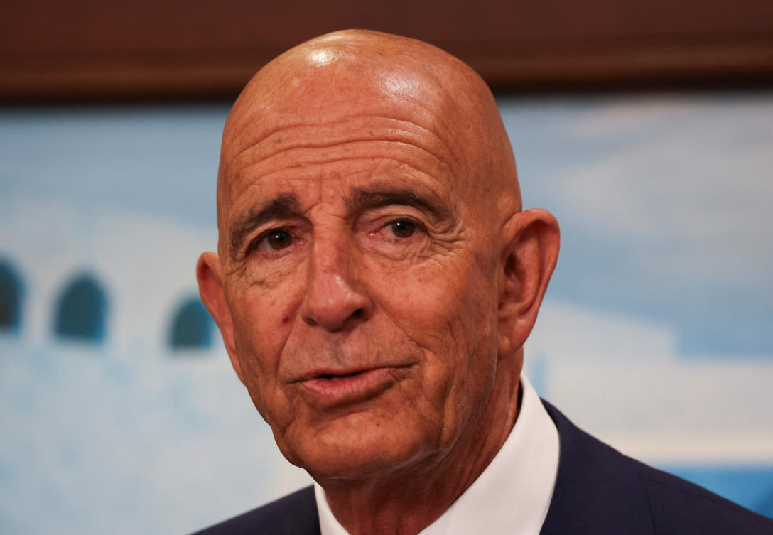 US Special Envoy for Syria Thomas Barrack speaks after a meeting with Lebanese President Joseph Aoun at the presidential palace in Baabda, Lebanon, July 7, 2025. (REUTERS)