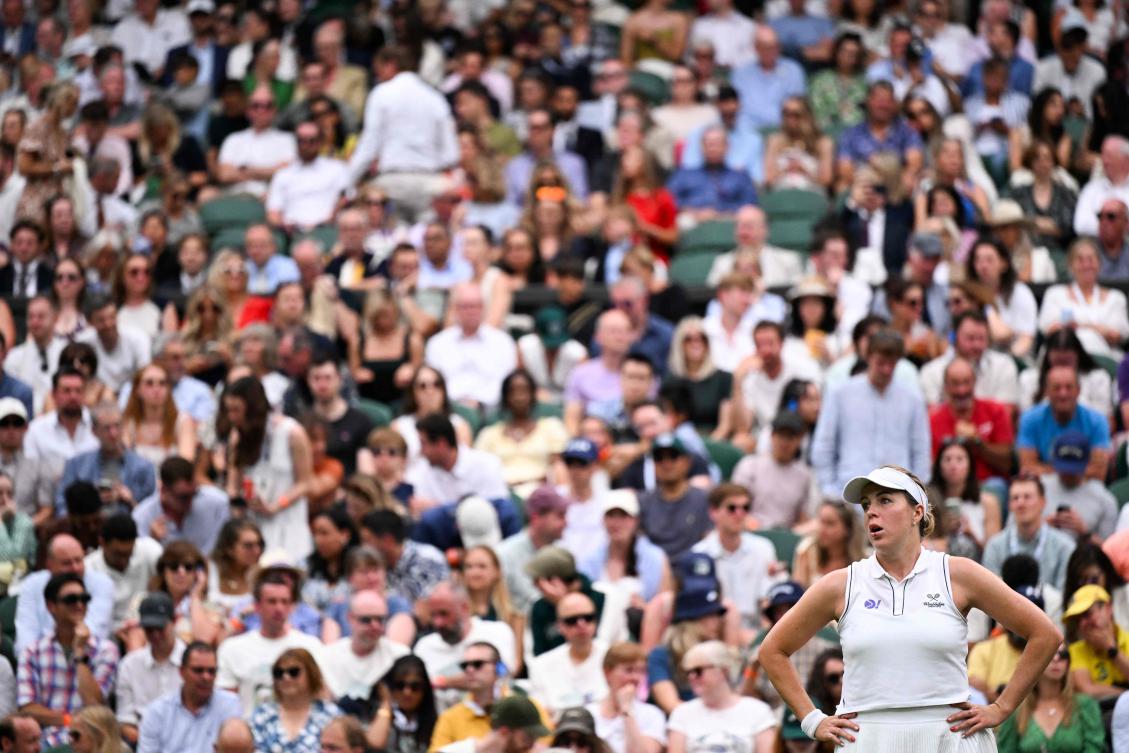 Russia’s Anastasia Pavlyuchenkova reacts as she plays against Britain’s Sonay Kartal during their women’s singles fourth round tennis match at the 2025 Wimbledon Championships on July 6, 2025. (AFP)