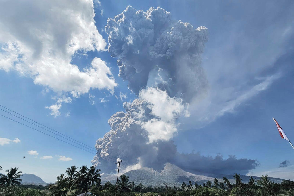 Mount Lewotobi Laki-Laki spews volcanic materials during an eruption in East Flores, Indonesia on July 7, 2025. (Badan Geologi via AP)