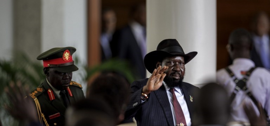 South Sudan President Salva Kiir waves waves as he arrives during the launch of a new round of peace talks with rebel groups on at the State House in Nairobi. (AFP)