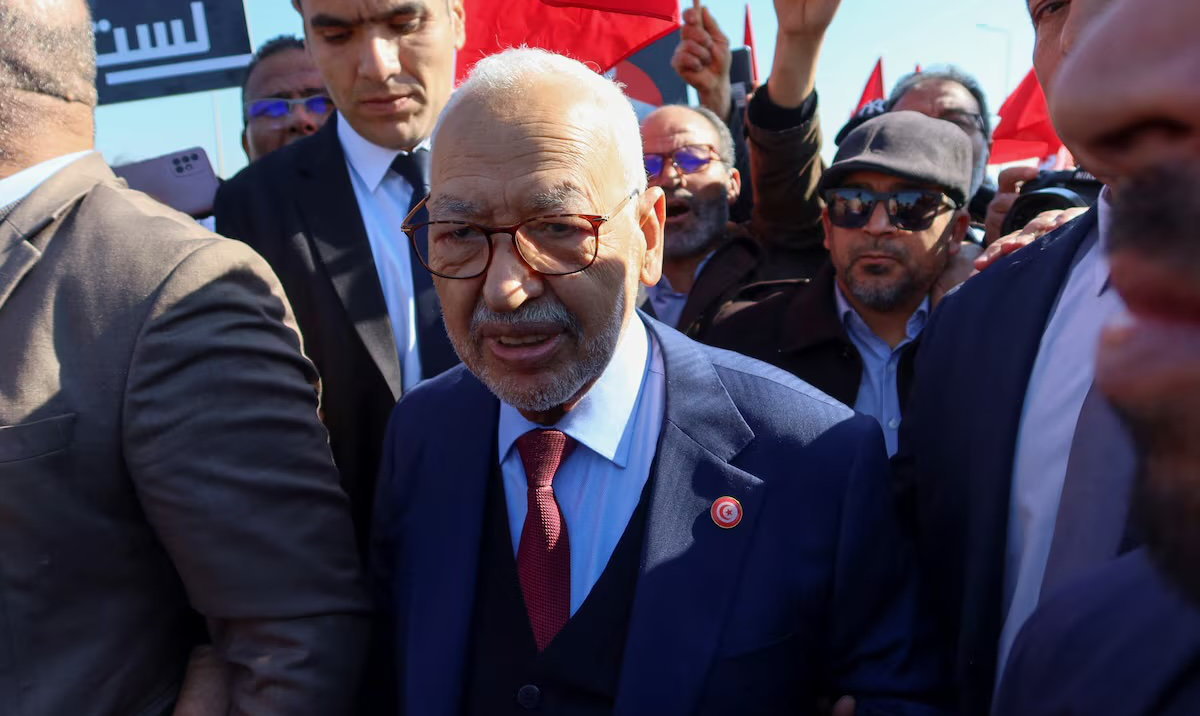 Rached Ghannouchi, head of the Islamist Ennahda party and speaker of an elected parliament that Tunisian President Kais Saied formally dissolved last year, arrives at a court for questioning in Tunis, Tunisia February 21, 2023. (Reuters)