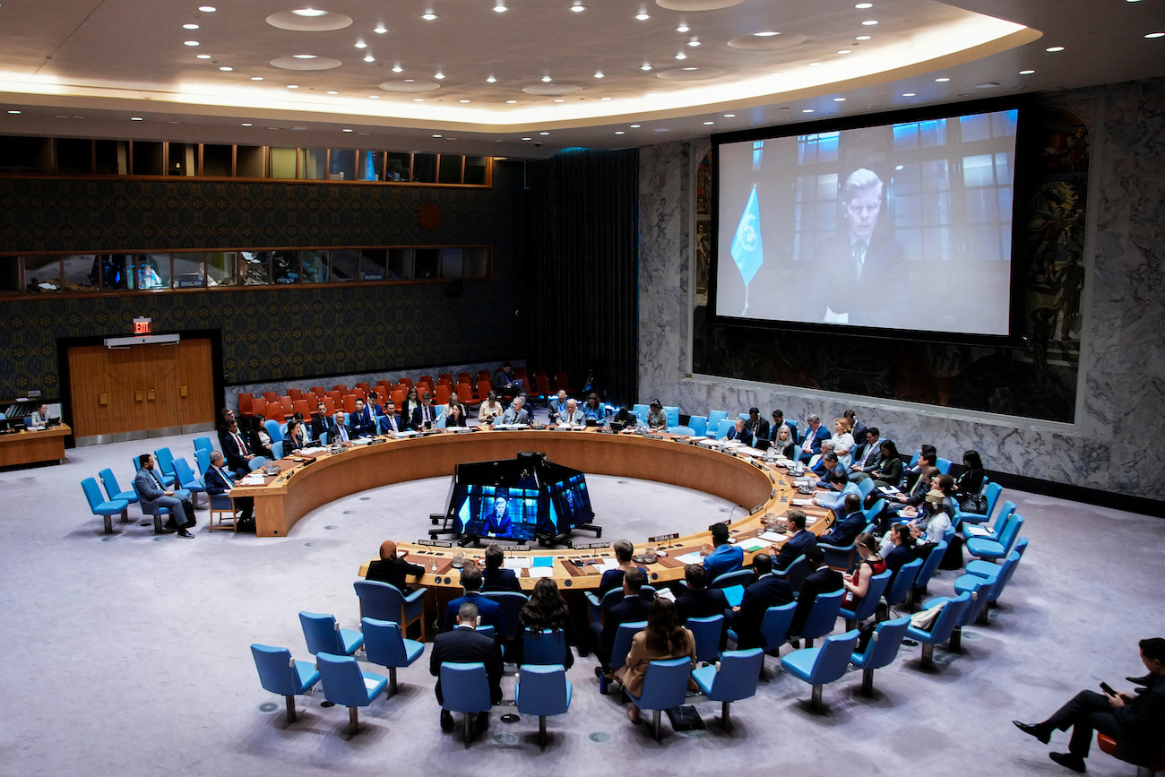 UN Special Envoy for Yemen Hans Grundberg is seen on a screen during a meeting of the United Nations Security Council about the situation in the Middle East on July 9, 2025. (Reuters)