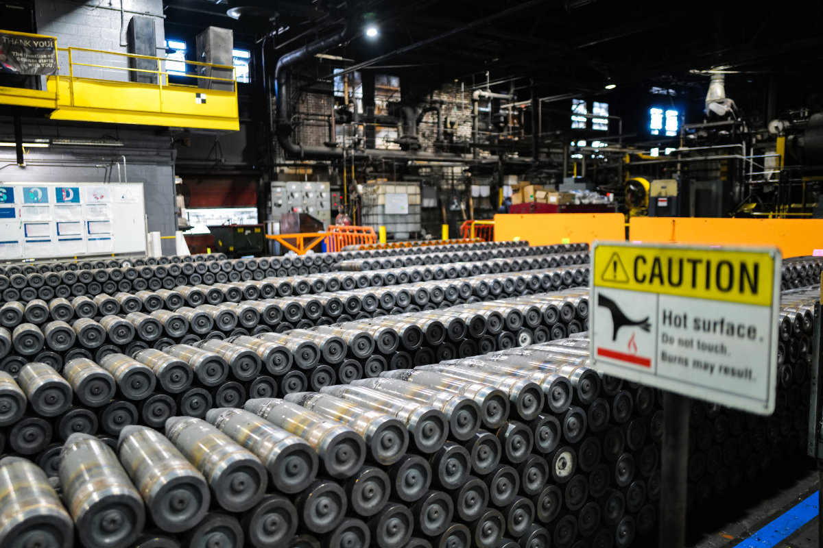 US-made 155 mm caliber shells are pictured after the manufacturing process at the Scranton Army Ammunition Plant in Scranton, Pennsylvania, on April 16, 2024. (AFP/File)