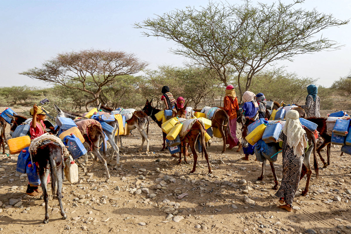 Yemeni children ride donkeys carrying jerrycans to fill up water from a cistern amid a water shortage and soaring temperatures, at a makeshift camp for people who fled fighting between Houthi rebels and the government forces, in the village of Hays in Yemen's western province of Hodeida on June 13, 2024. (AFP/File)