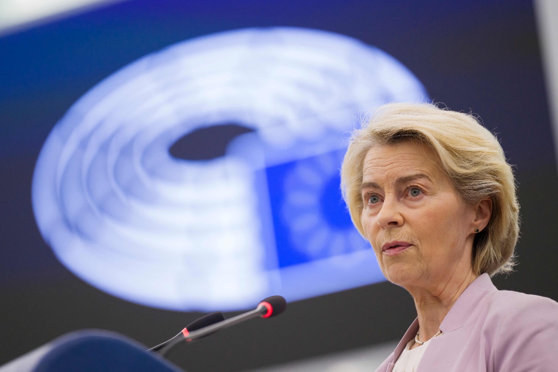 EU chief Ursula von der Leyen gives a speech during a plenary session at the European Parliament in Strasbourg, France. (AFP)