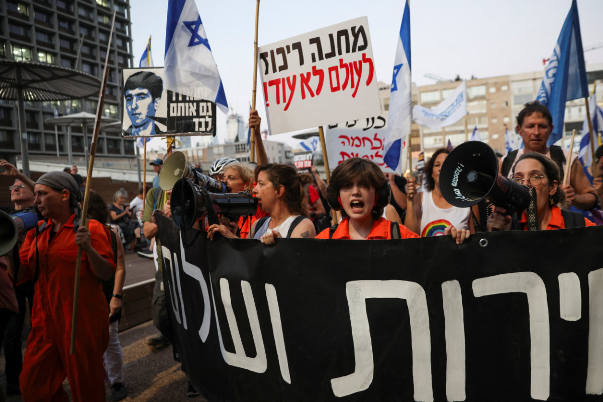 People take part in a protest in Tel Aviv, Israel, July 10, 2025, demanding the release of all hostages kidnapped during the October 7, 2023 attack on Israel by Hamas, and against Israeli government and Prime Minister Benjamin Netanyahu. (REUTERS)