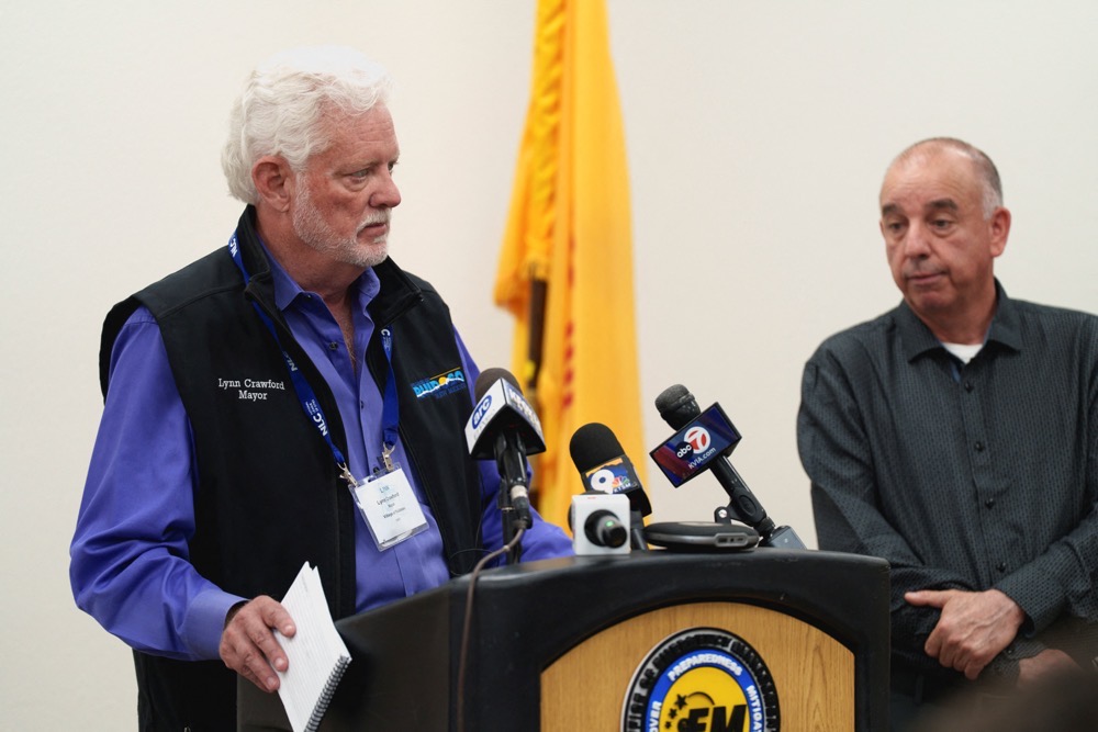 Ruidoso Mayor Lynn Crawford addresses the press before a visit by New Mexico Governor Michelle Lujan Grisham at the Ruidoso Emergency Operations Center, days after deadly flash flooding. (Reuters)