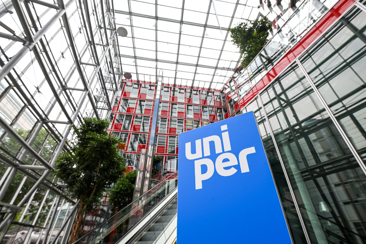 A photo taken on July 22, 2022 shows the logo of energy supplier Uniper in the entrance hall at the company's headquarters in Dusseldorf, western Germany. Uniper's assets in Russia were seized by the state when Western companies fled the Russian market after Vladimir Putin ordered the invasion of Ukraine. (AFP/File)