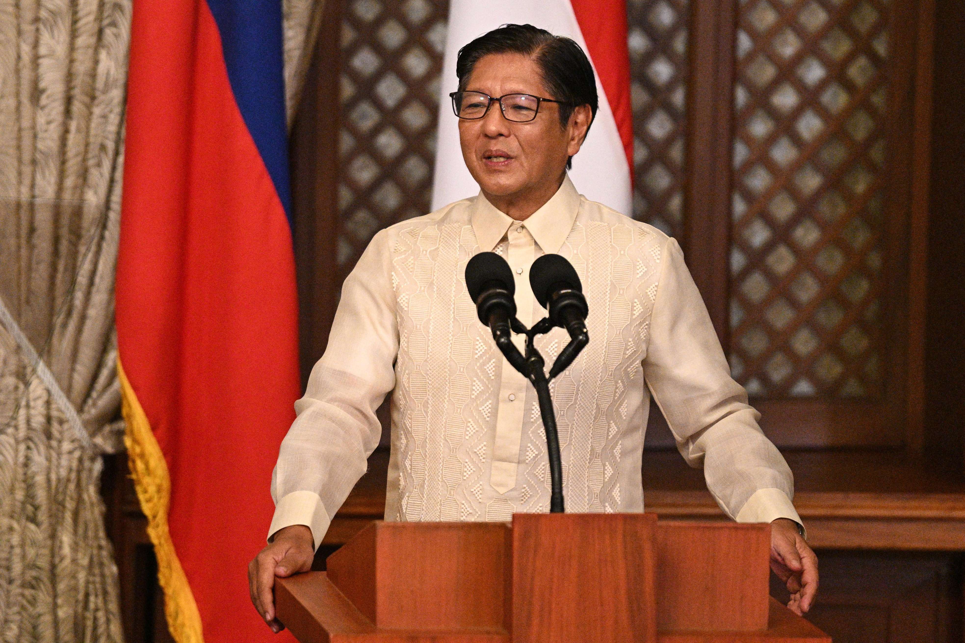 Philippine President Ferdinand Marcos Jr. addresses a press conference at the Malacanang presidential palace in Manila on June 4, 2025. (AFP)