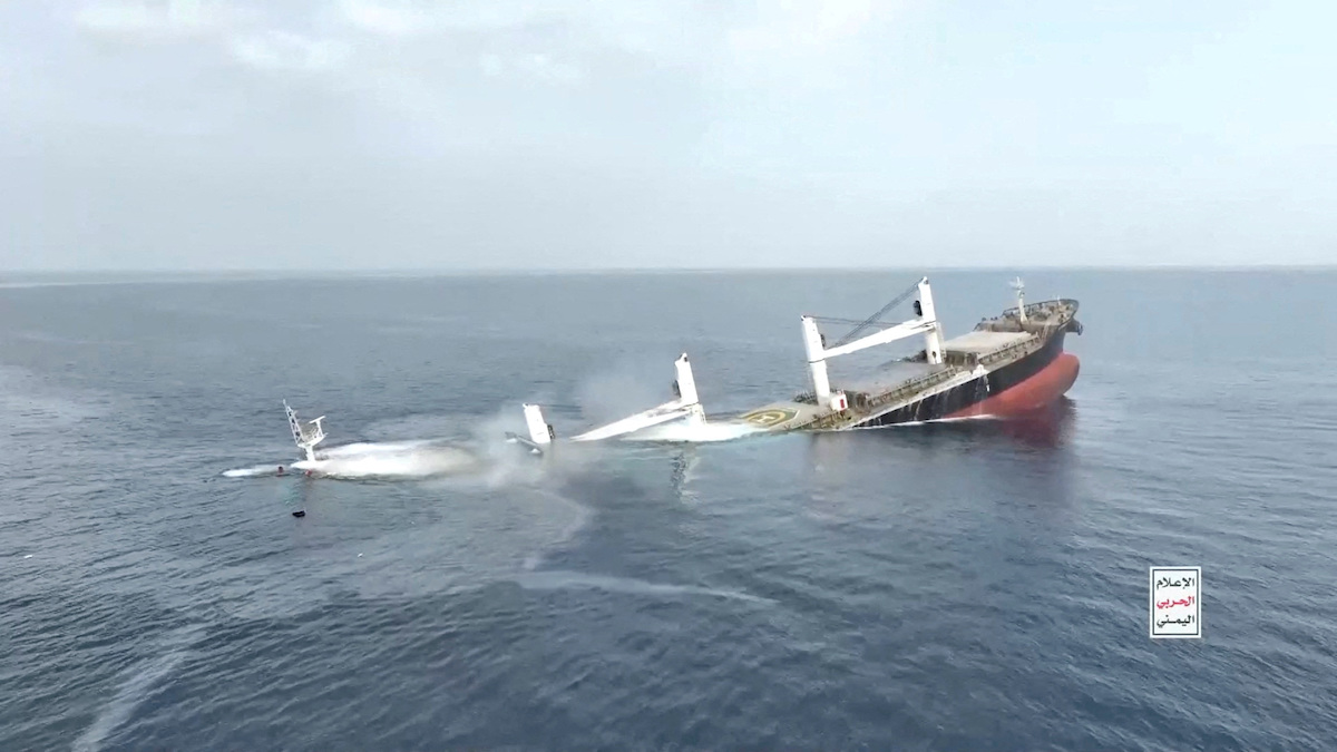 The Eternity C shown sinking in the Red Sea in footage released by Yemen's Houthis. (Via Reuters)