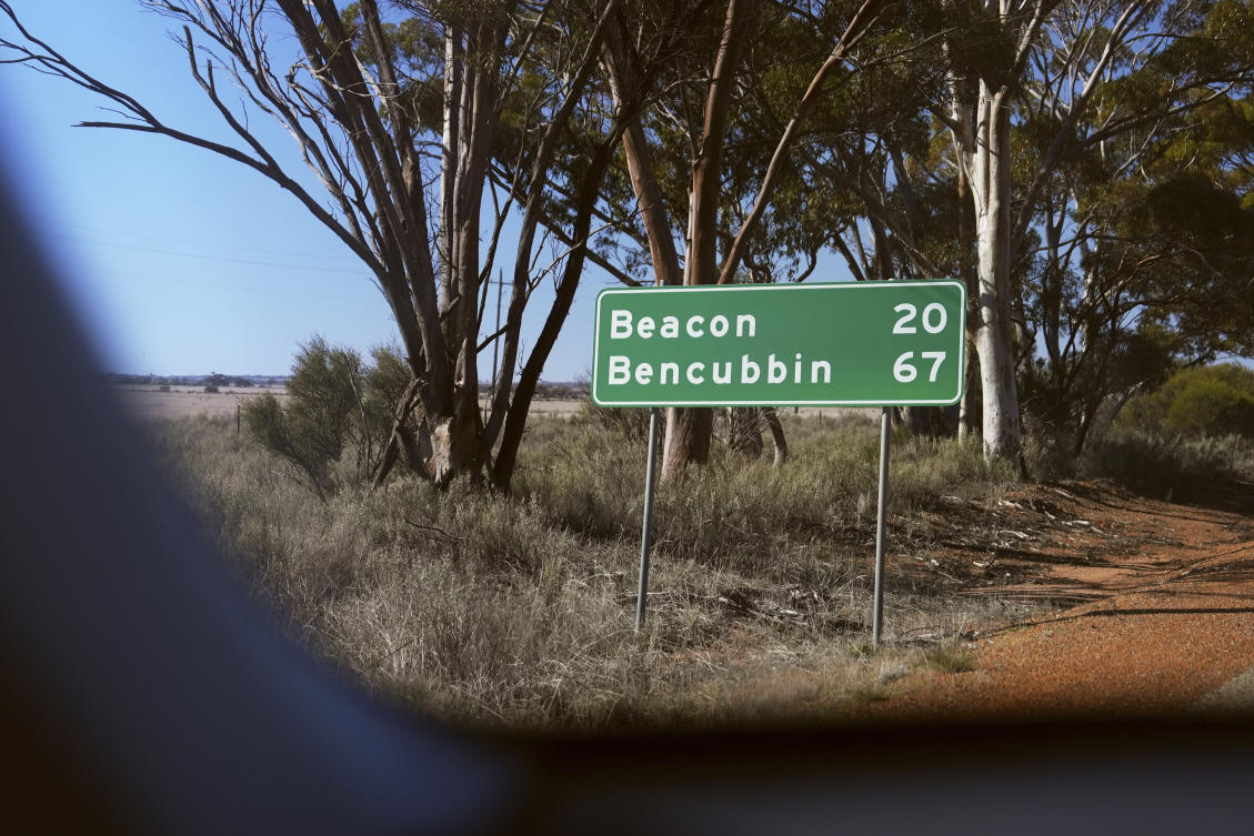A road sign stands near Beacon, Western Australia on July 11, 2025, near where missing German backpacker Carolina Wilga was last seen. (ABC News via AP)