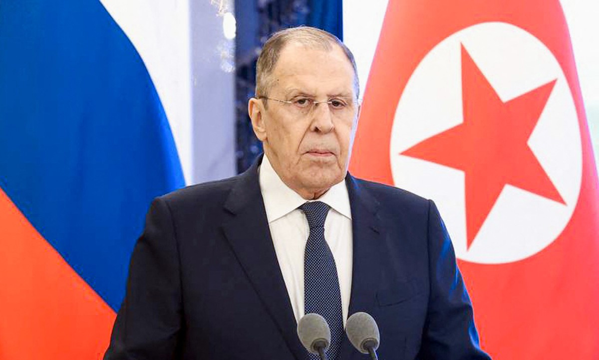 Russia's Foreign Minister Sergey Lavrov, as he delivers a joint press conference with his North Korean counterpart in Wonsan, ahead of a visit to China. (AFP)