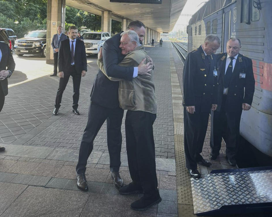 Andriy Yermak, the head of Ukraine’s Presidential Office, left, meets with United States Special Envoy for Ukraine and Russia, Joseph Keith Kellogg, at a train station in Kyiv, Ukraine on July 14, 2025. (Ukrainian Presidential Press Office via AP)