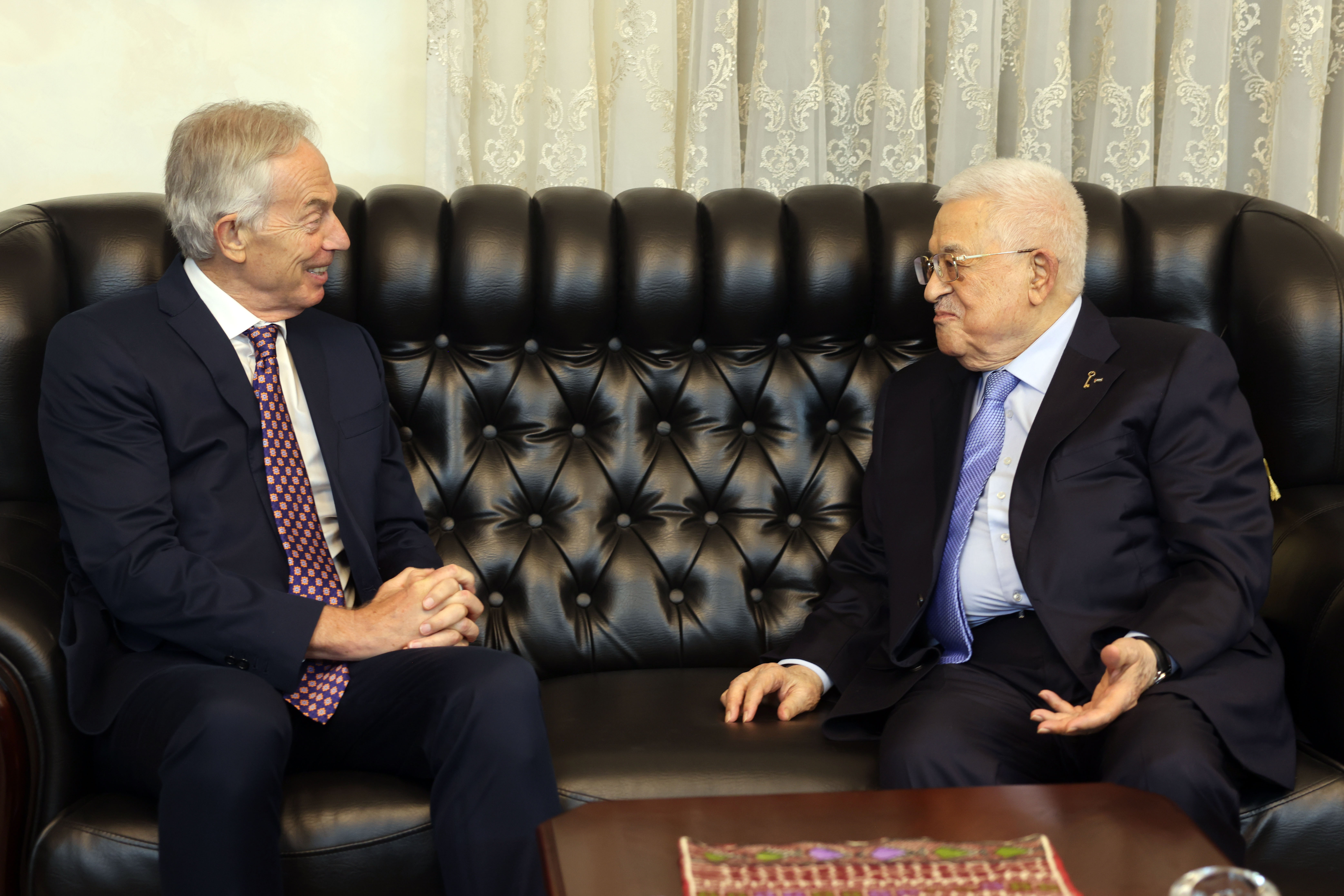 Palestinian Authority President Mahmoud Abbas, during his meeting with former UK Prime Minister Tony Blair in Amman. (Palestine News Agency)