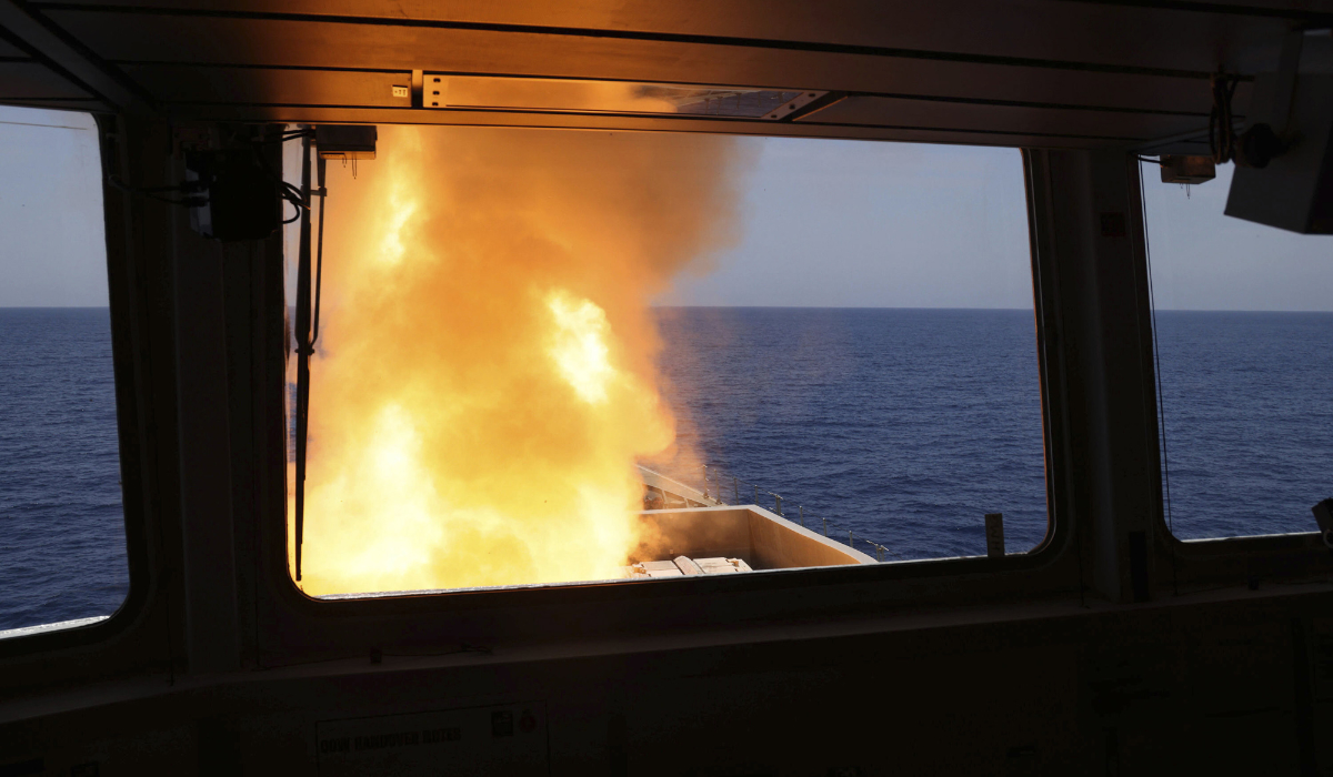 In this photo provided by the Ministry of Defence (MoD), a Sea Viper missile is launched from HMS Diamond to shoot down a missile fired by the Iranian-backed Houthis from Yemen, Wednesday, April 24, 2024. (AP file photo)
