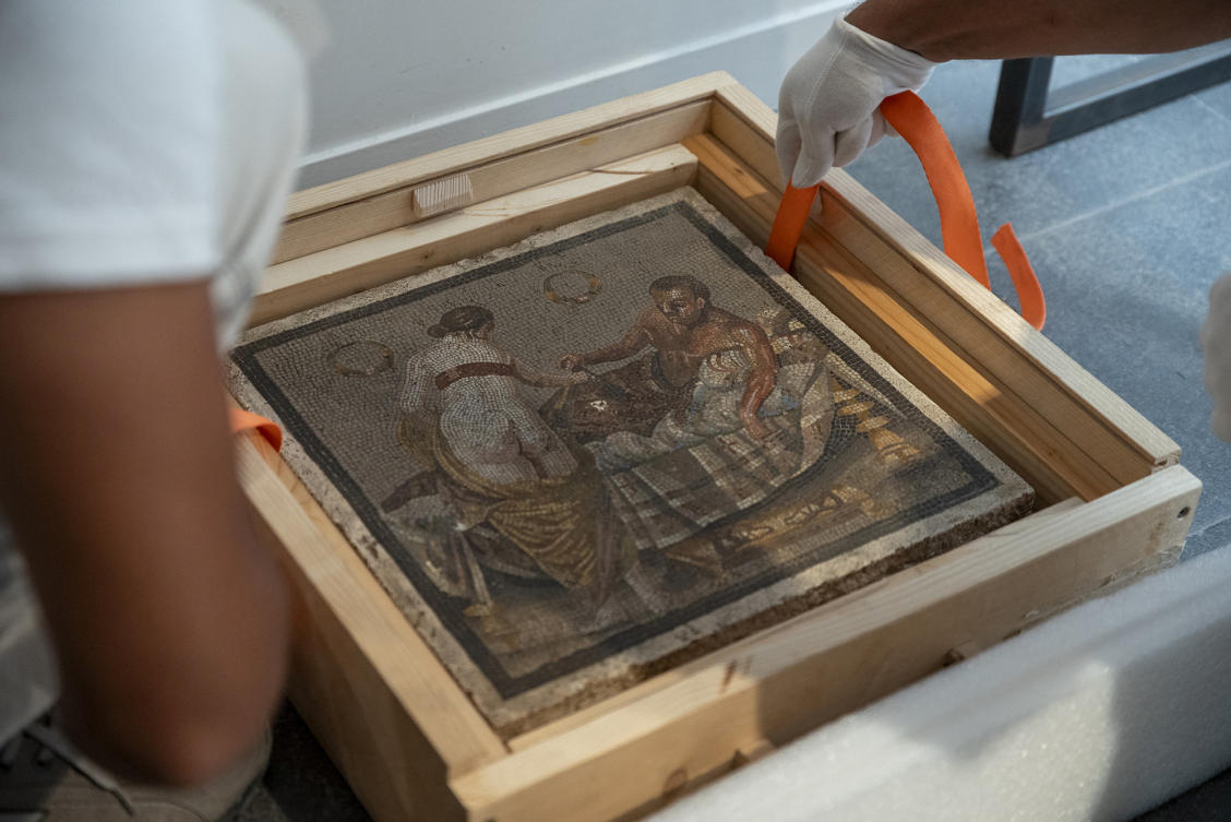 Roman-era mosaic panel with erotic theme that was stolen during World War II returns to Pompeii